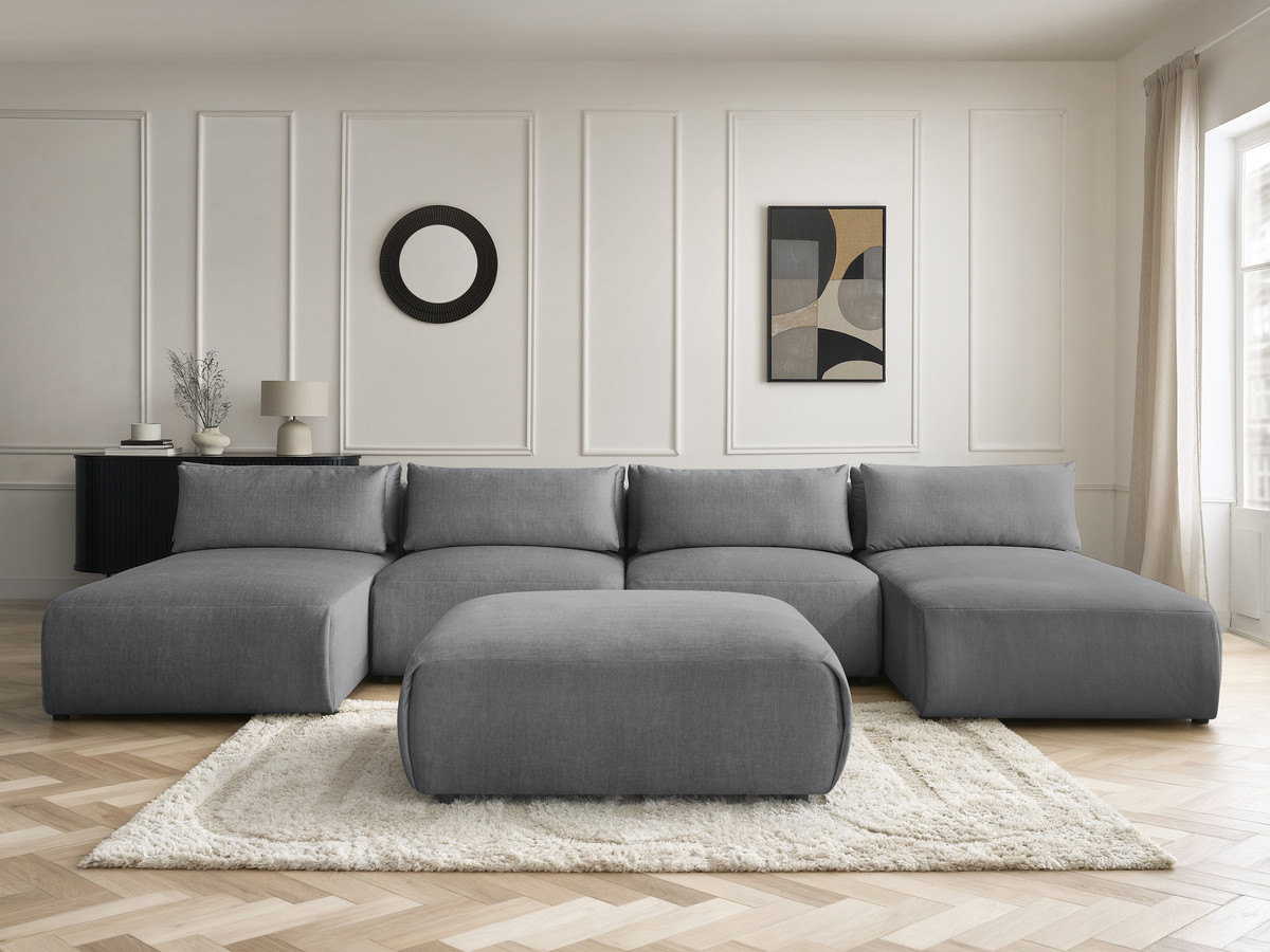 Modulaire vaste panoramabank met hoofdsteunen in JANA fluwelen stof met 2 chaise longues, 2 fauteuils en 1 grote poef