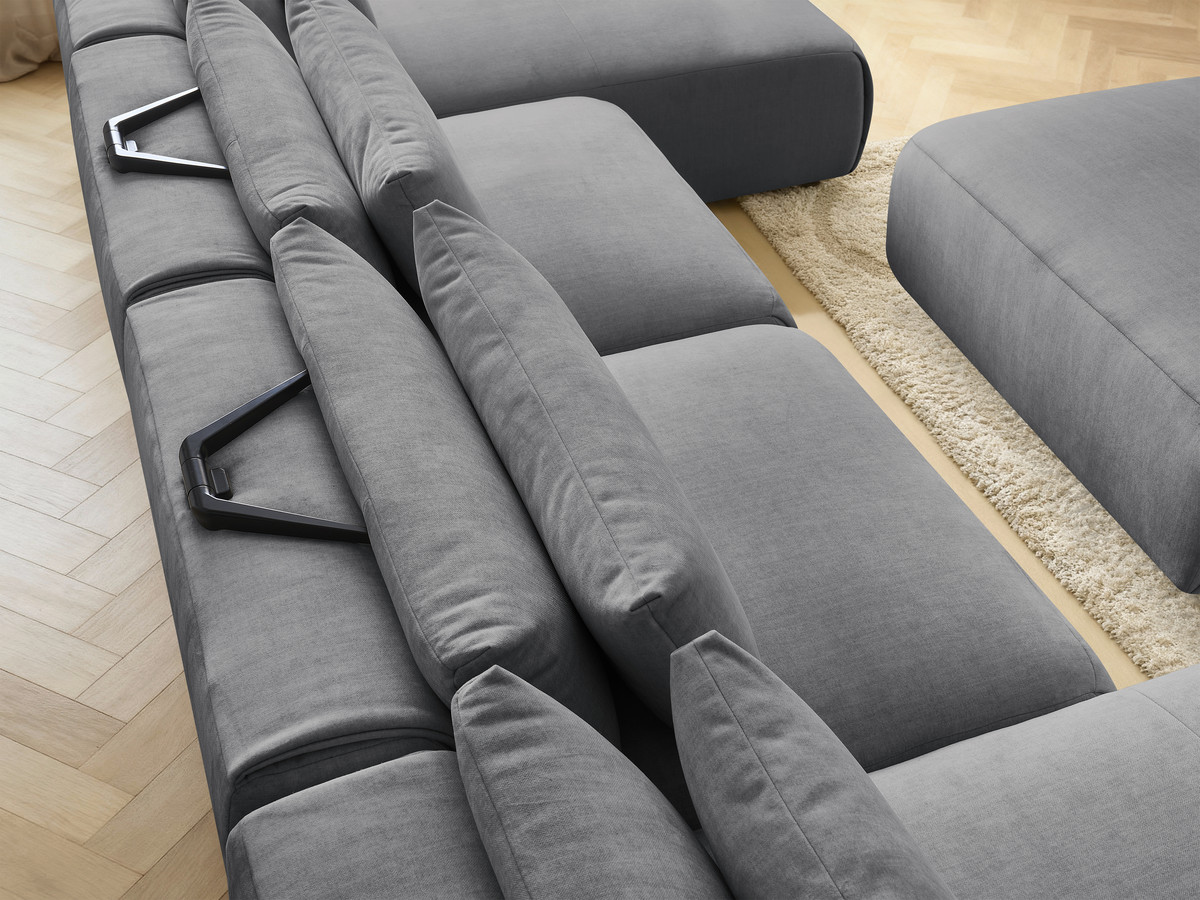 Modulaire vaste panoramabank met hoofdsteunen in JANA fluwelen stof met 2 chaise longues, 2 fauteuils en 1 grote poef