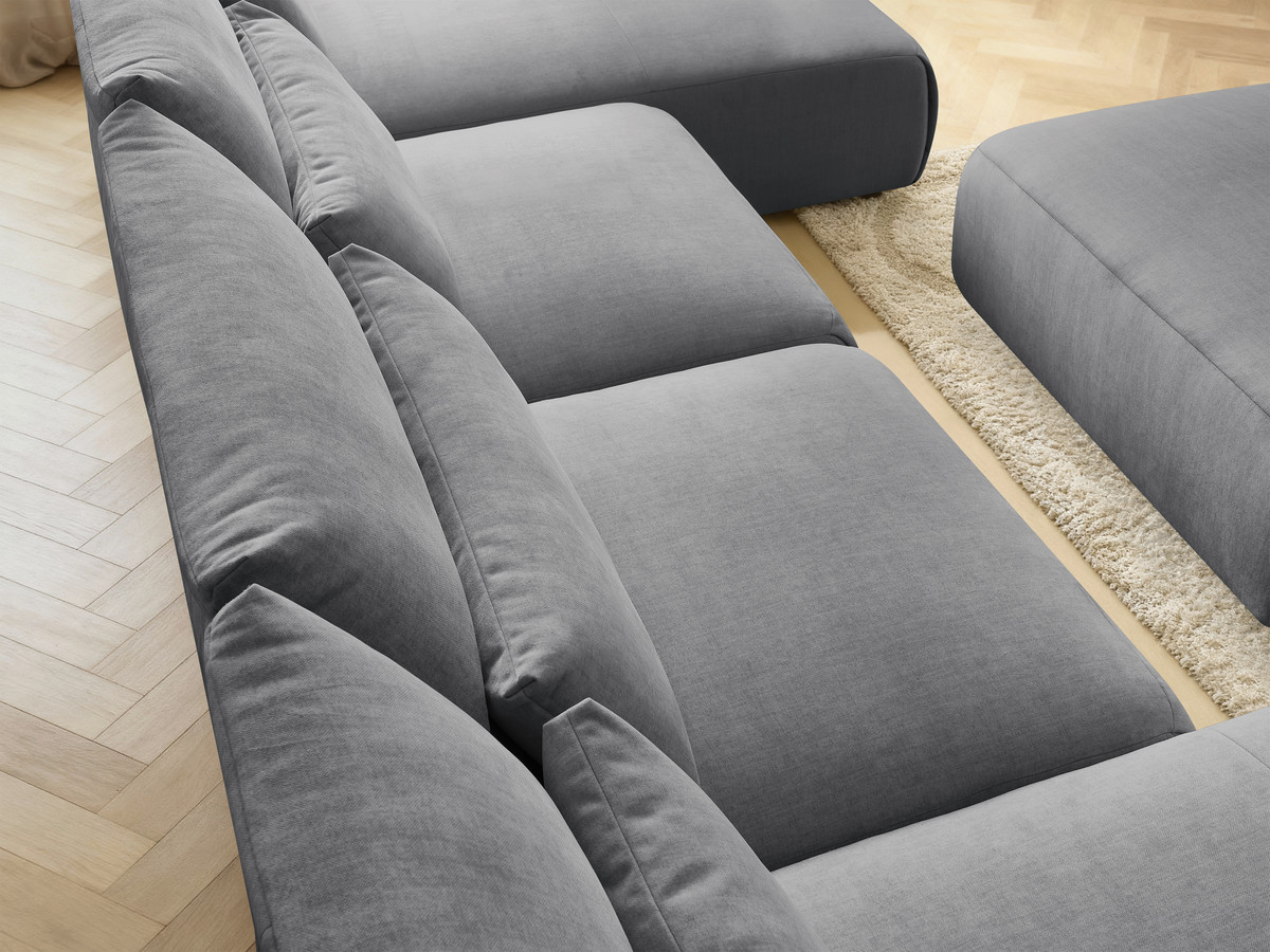 Modulaire vaste panoramabank met hoofdsteunen in JANA fluwelen stof met 2 chaise longues, 2 fauteuils en 1 grote poef