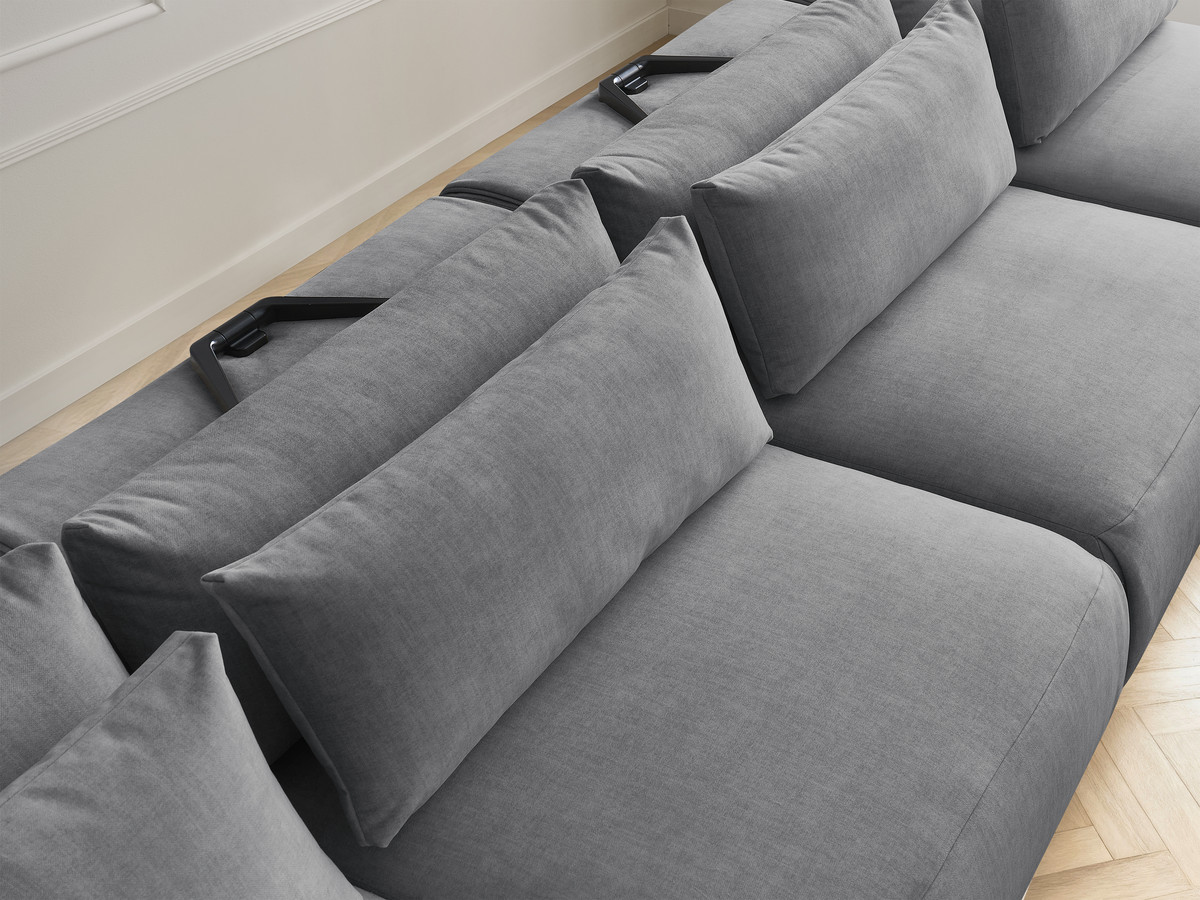 Modulaire vaste panoramabank met hoofdsteunen in JANA fluwelen stof met 2 chaise longues, 2 fauteuils en 1 grote poef