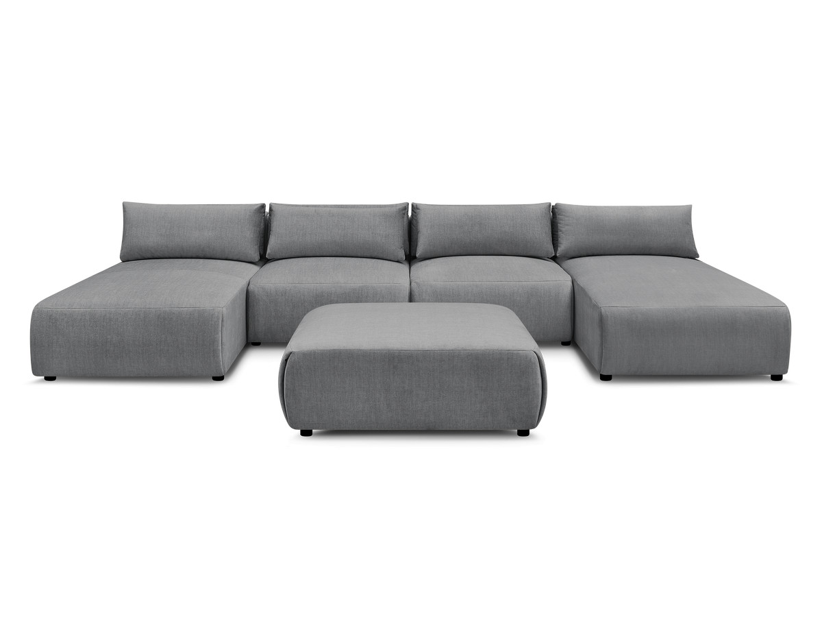 Modulaire vaste panoramabank met hoofdsteunen in JANA fluwelen stof met 2 chaise longues, 2 fauteuils en 1 grote poef