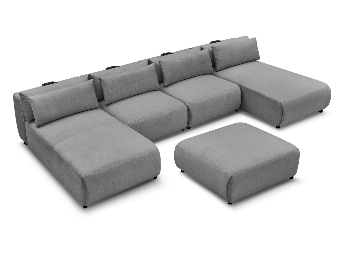 Modulaire vaste panoramabank met hoofdsteunen in JANA fluwelen stof met 2 chaise longues, 2 fauteuils en 1 grote poef