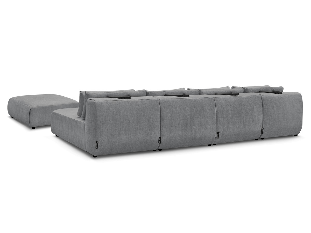 Modulaire vaste panoramabank met hoofdsteunen in JANA fluwelen stof met 2 chaise longues, 2 fauteuils en 1 grote poef