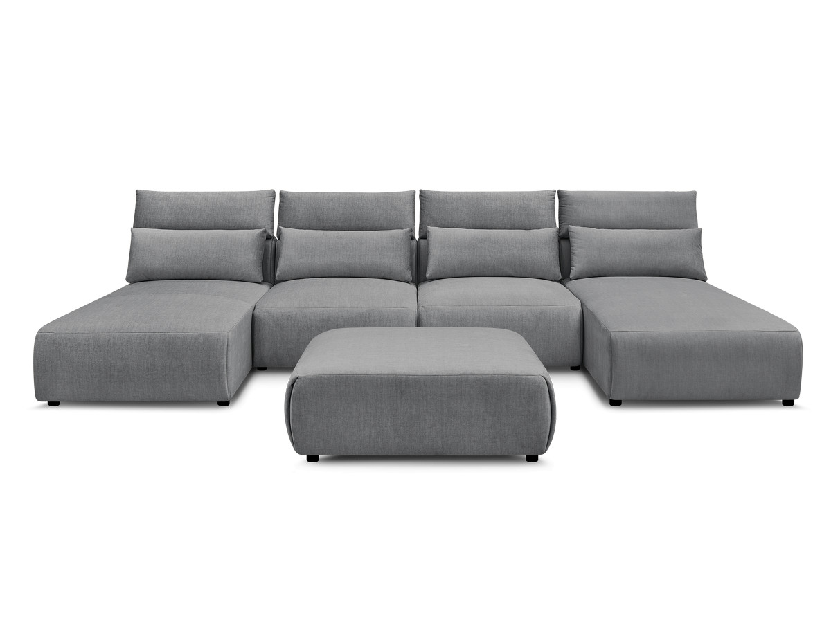 Modulaire vaste panoramabank met hoofdsteunen in JANA fluwelen stof met 2 chaise longues, 2 fauteuils en 1 grote poef