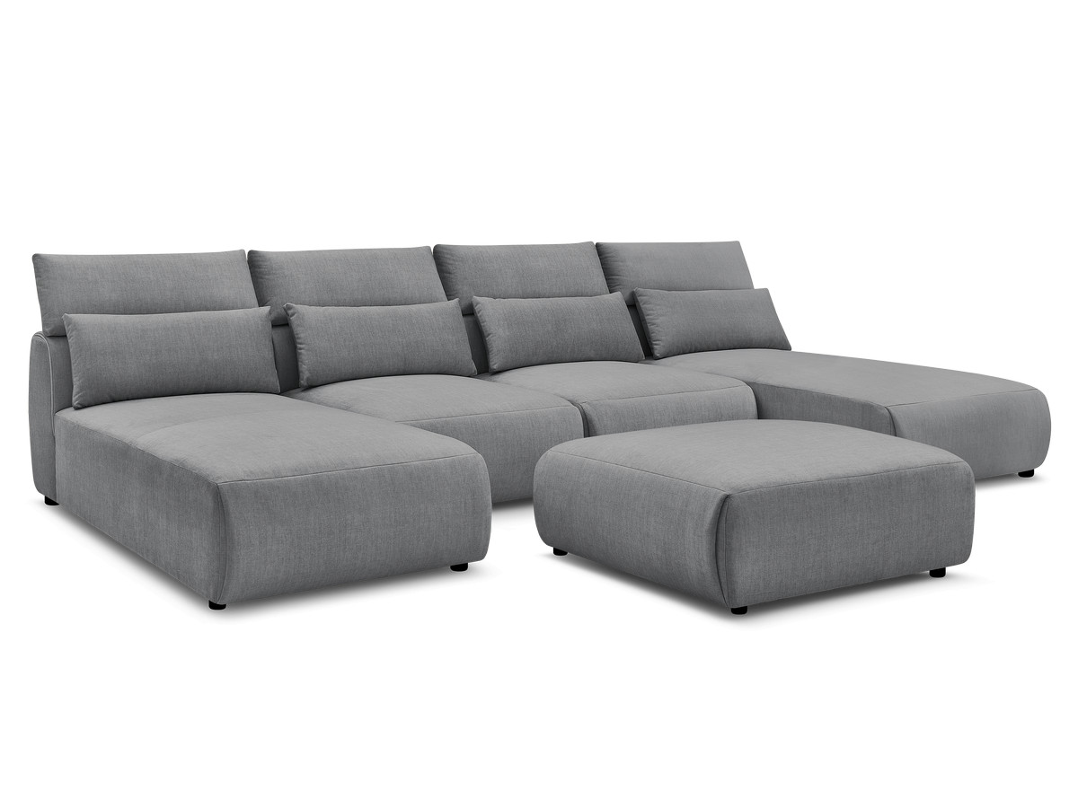 Modulaire vaste panoramabank met hoofdsteunen in JANA fluwelen stof met 2 chaise longues, 2 fauteuils en 1 grote poef