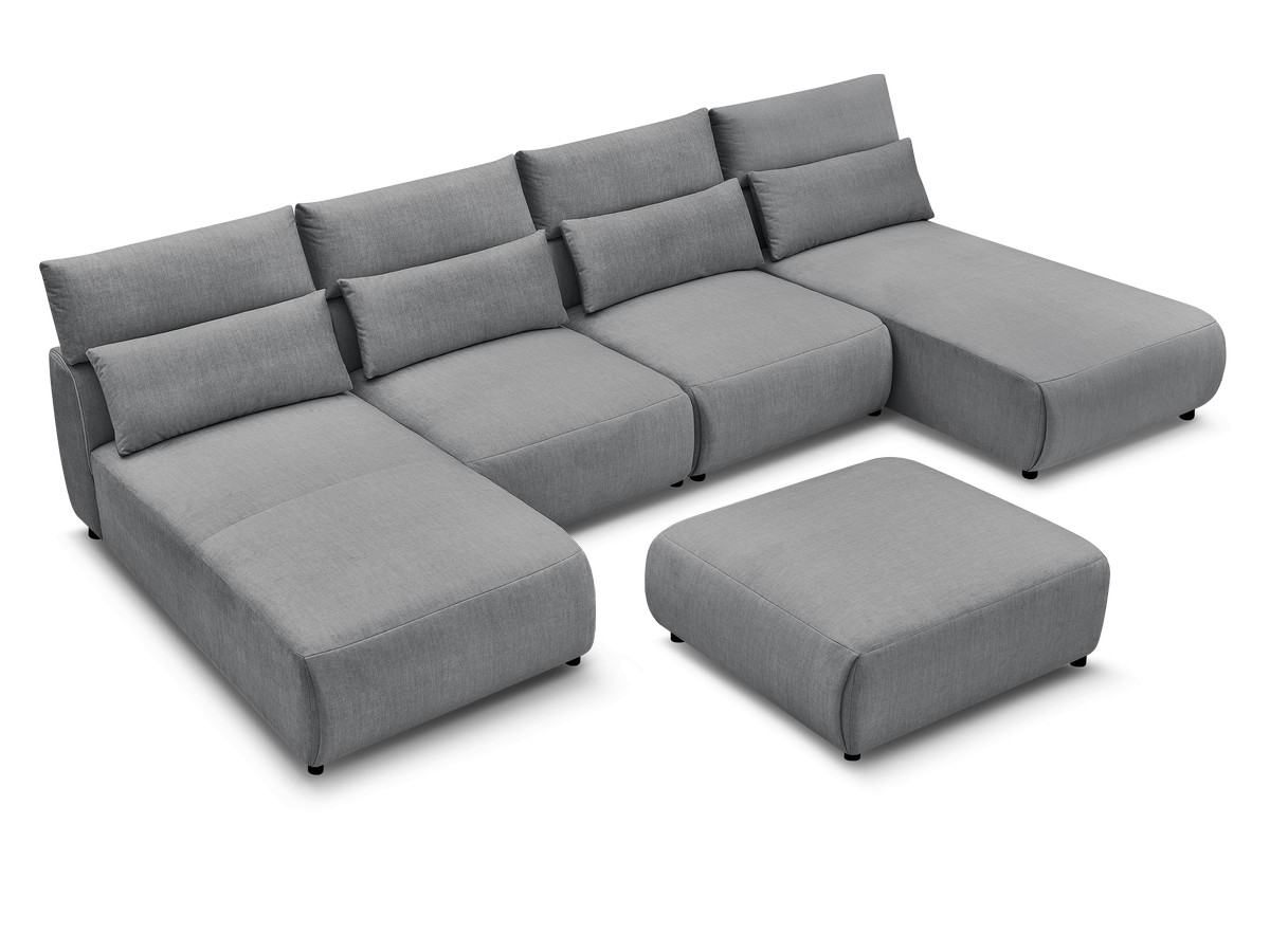 Modulaire vaste panoramabank met hoofdsteunen in JANA fluwelen stof met 2 chaise longues, 2 fauteuils en 1 grote poef