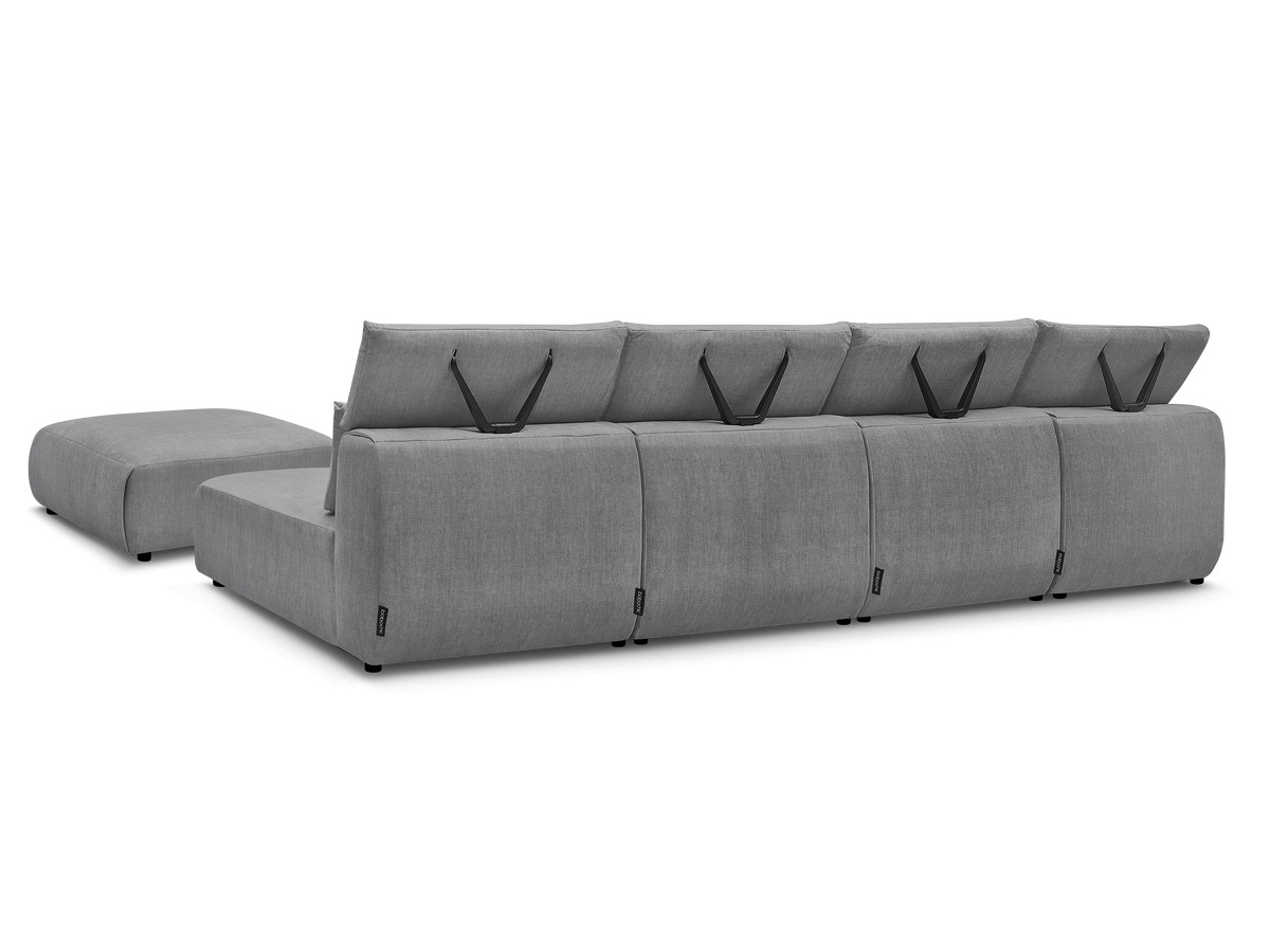 Modulaire vaste panoramabank met hoofdsteunen in JANA fluwelen stof met 2 chaise longues, 2 fauteuils en 1 grote poef