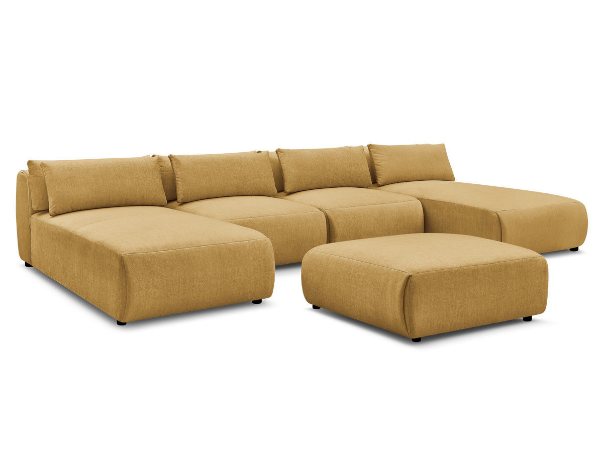 modulaire vaste panoramabank met hoofdsteunen in jana fluwelen stof met 2 chaise longues, 2 fauteuils en 1 grote poef gekleurd geel