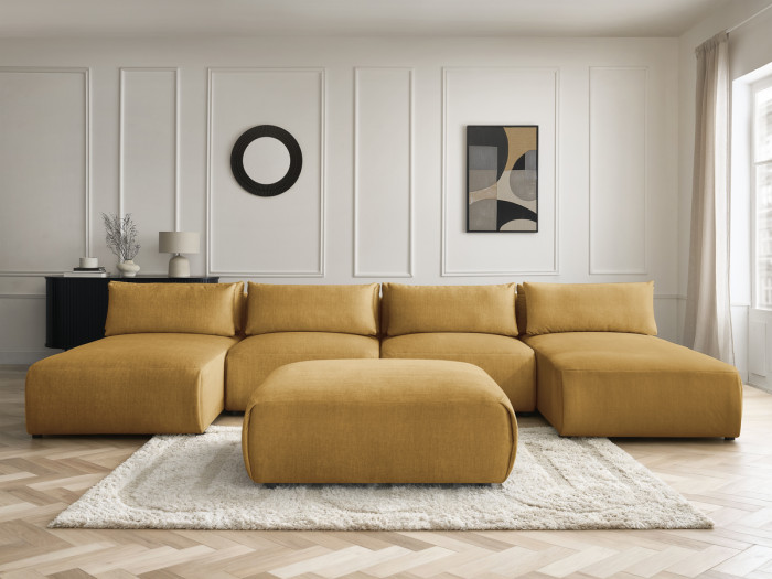 Canapé panoramique fixe modulable avec têtières JANA tissu velours avec 2 méridiennes, 2 chauffeuses et 1 grand pouf