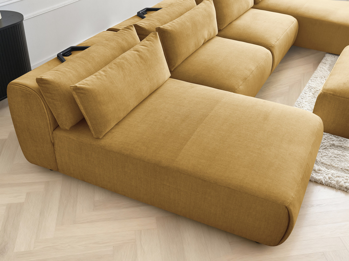 Modulaire vaste panoramabank met hoofdsteunen in JANA fluwelen stof met 2 chaise longues, 2 fauteuils en 1 grote poef