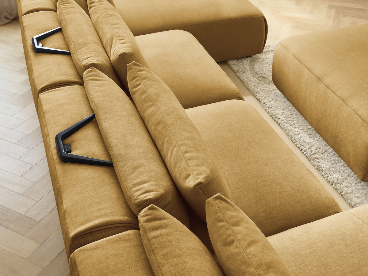 Modulaire vaste panoramabank met hoofdsteunen in JANA fluwelen stof met 2 chaise longues, 2 fauteuils en 1 grote poef