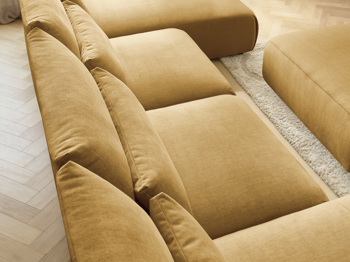 Modulaire vaste panoramabank met hoofdsteunen in JANA fluwelen stof met 2 chaise longues, 2 fauteuils en 1 grote poef