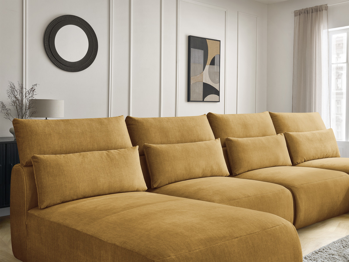 Modulaire vaste panoramabank met hoofdsteunen in JANA fluwelen stof met 2 chaise longues, 2 fauteuils en 1 grote poef