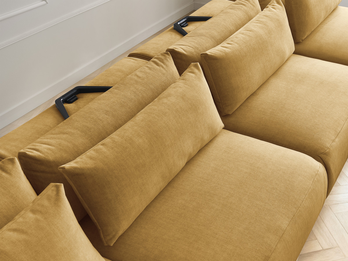 Modulaire vaste panoramabank met hoofdsteunen in JANA fluwelen stof met 2 chaise longues, 2 fauteuils en 1 grote poef