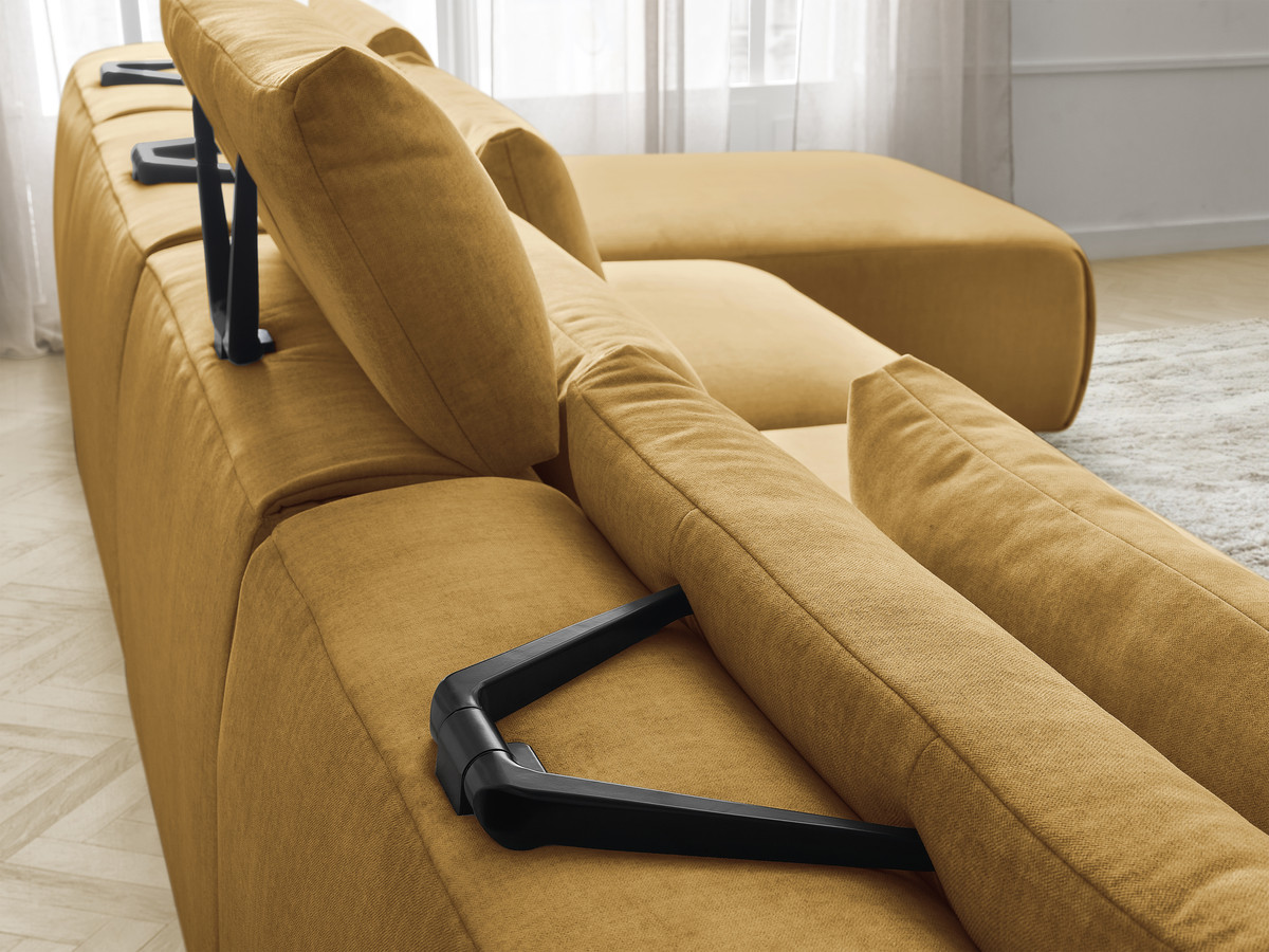 Modulaire vaste panoramabank met hoofdsteunen in JANA fluwelen stof met 2 chaise longues, 2 fauteuils en 1 grote poef