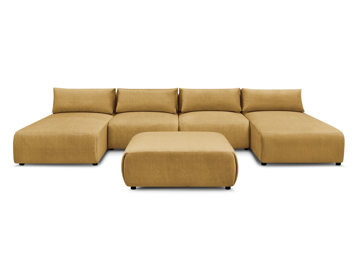 Modulaire vaste panoramabank met hoofdsteunen in JANA fluwelen stof met 2 chaise longues, 2 fauteuils en 1 grote poef