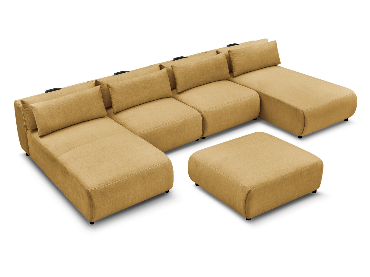 Modulaire vaste panoramabank met hoofdsteunen in JANA fluwelen stof met 2 chaise longues, 2 fauteuils en 1 grote poef