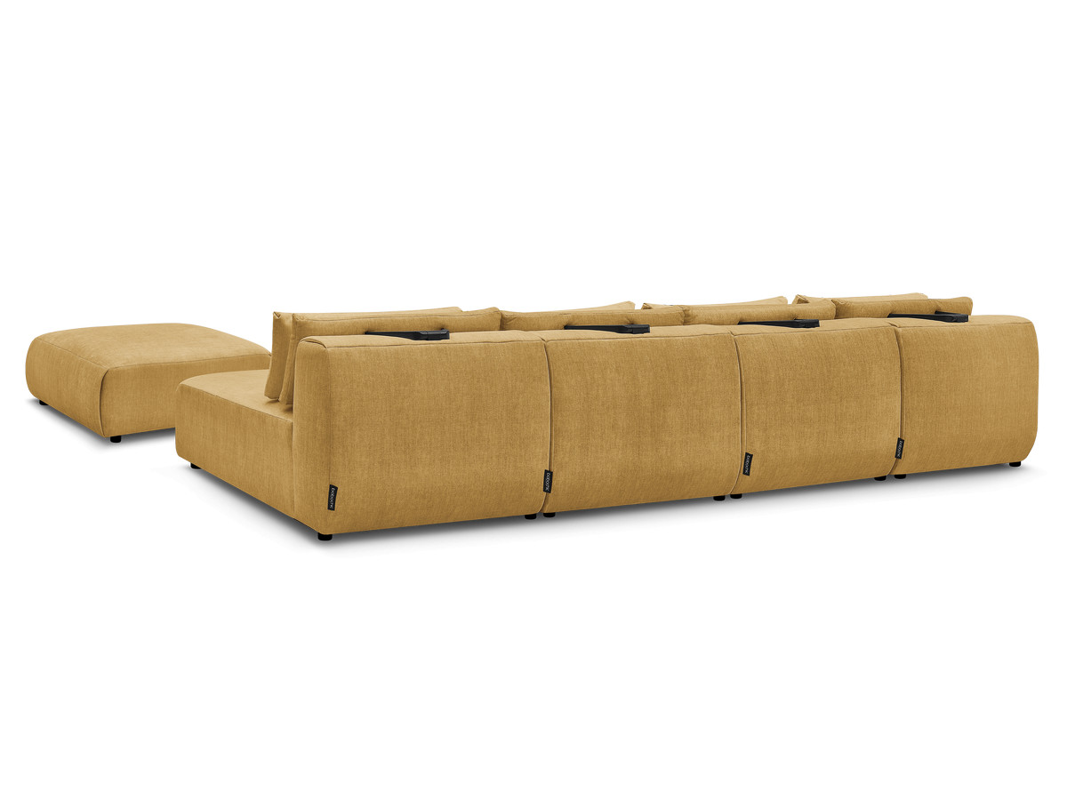 Modulaire vaste panoramabank met hoofdsteunen in JANA fluwelen stof met 2 chaise longues, 2 fauteuils en 1 grote poef