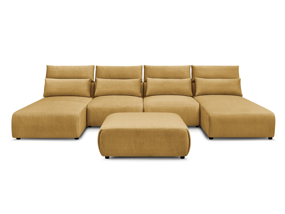 Modulaire vaste panoramabank met hoofdsteunen in JANA fluwelen stof met 2 chaise longues, 2 fauteuils en 1 grote poef