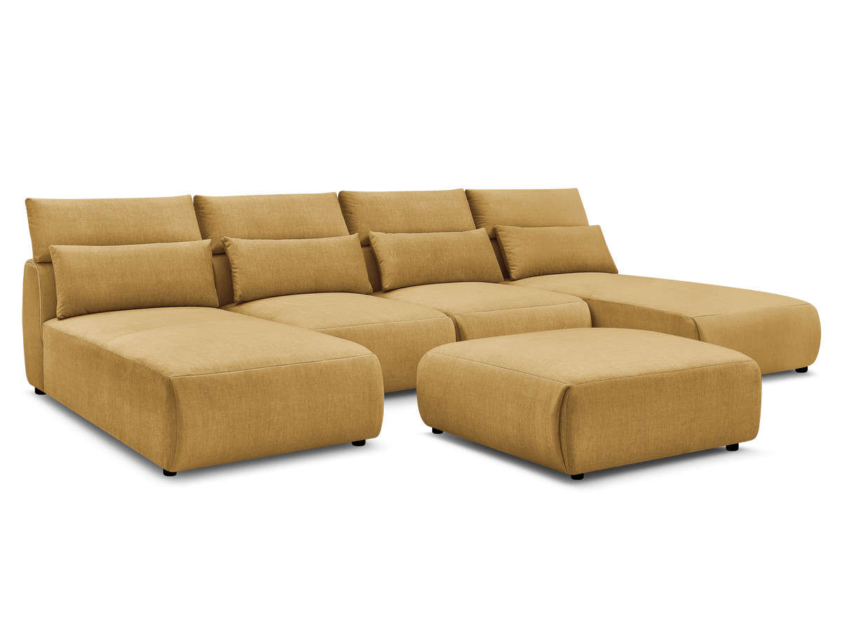 Modulaire vaste panoramabank met hoofdsteunen in JANA fluwelen stof met 2 chaise longues, 2 fauteuils en 1 grote poef