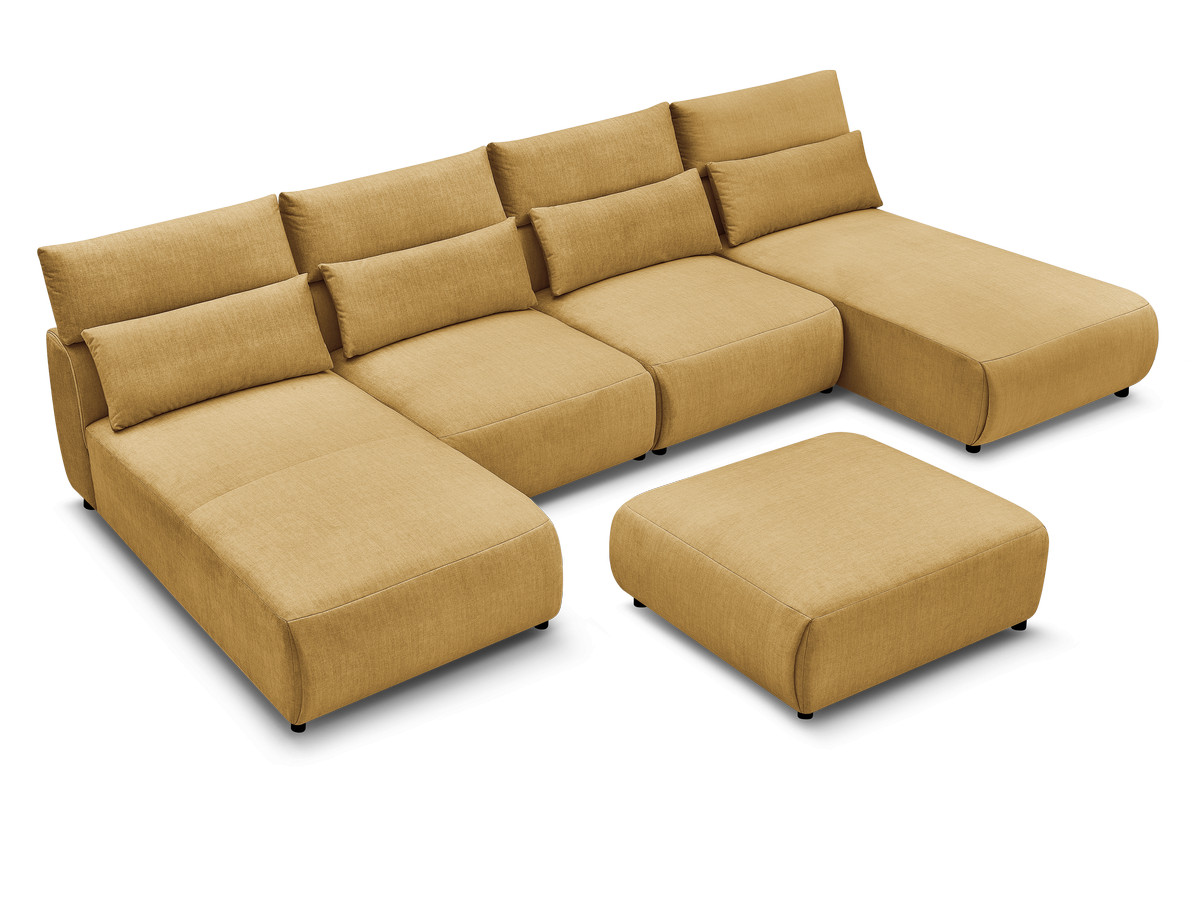 Modulaire vaste panoramabank met hoofdsteunen in JANA fluwelen stof met 2 chaise longues, 2 fauteuils en 1 grote poef