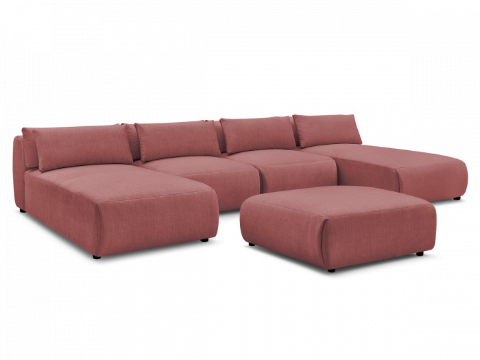 Canapé panoramique fixe modulable avec têtières JANA tissu velours avec 2 méridiennes, 2 chauffeuses et 1 grand pouf