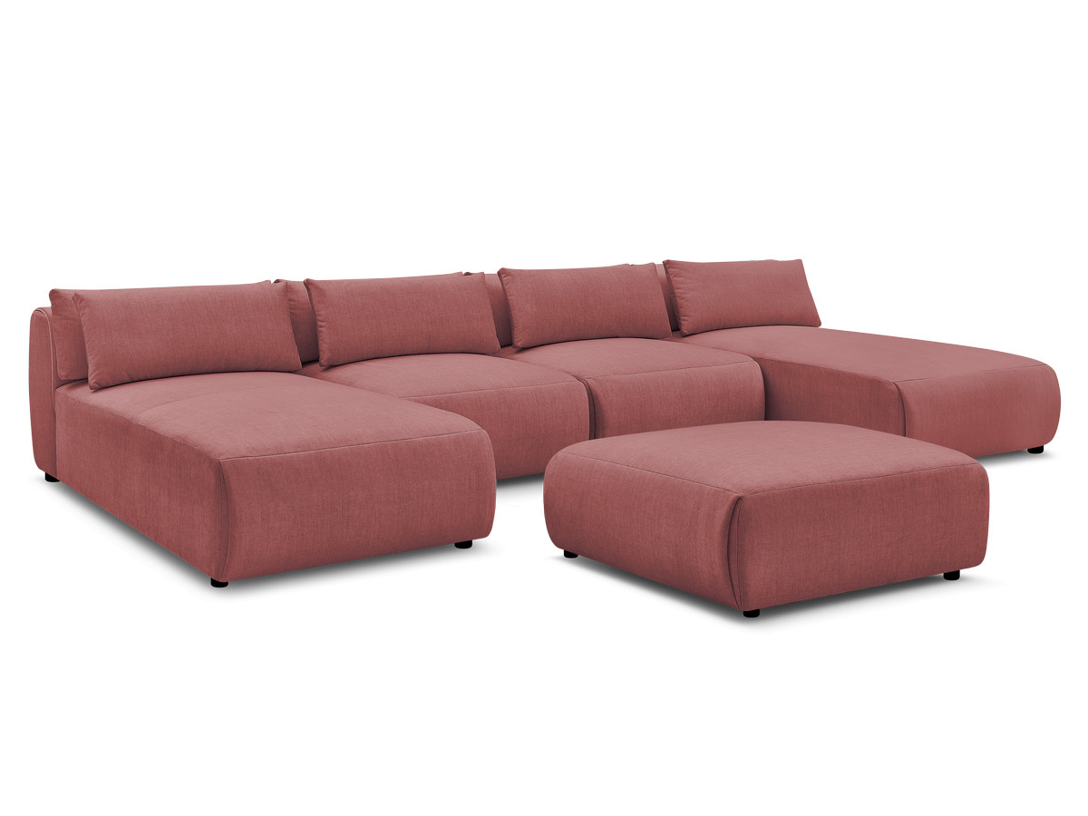 Modulaire vaste panoramabank met hoofdsteunen in JANA fluwelen stof met 2 chaise longues, 2 fauteuils en 1 grote poef