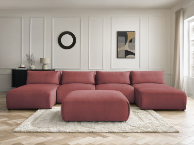 Canapé panoramique fixe modulable avec têtières JANA tissu velours avec 2 méridiennes, 2 chauffeuses et 1 grand pouf