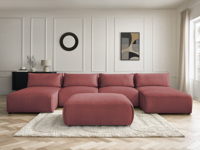 Canapé panoramique fixe modulable avec têtières JANA tissu velours avec 2 méridiennes, 2 chauffeuses et 1 grand pouf