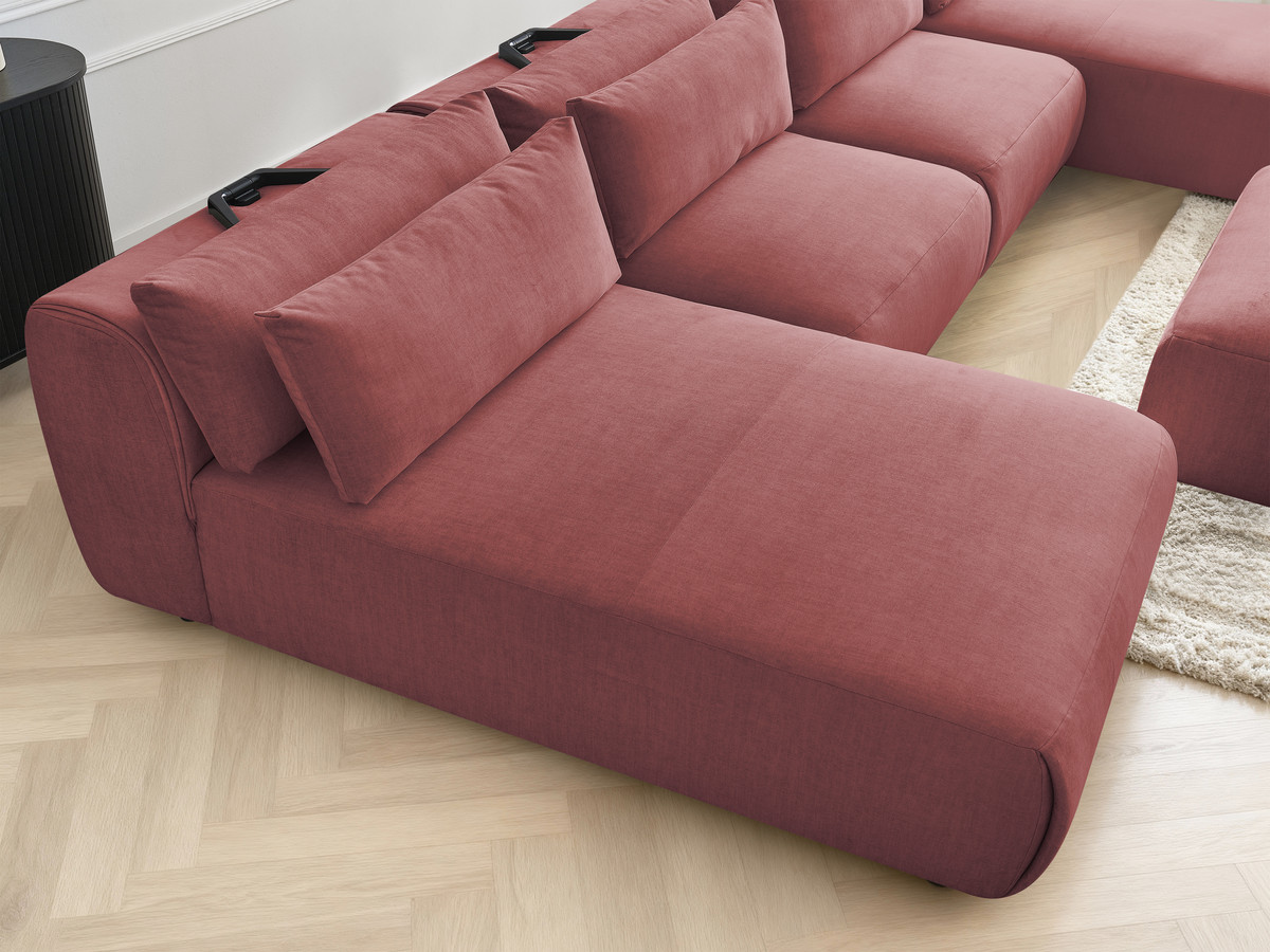 Modulaire vaste panoramabank met hoofdsteunen in JANA fluwelen stof met 2 chaise longues, 2 fauteuils en 1 grote poef