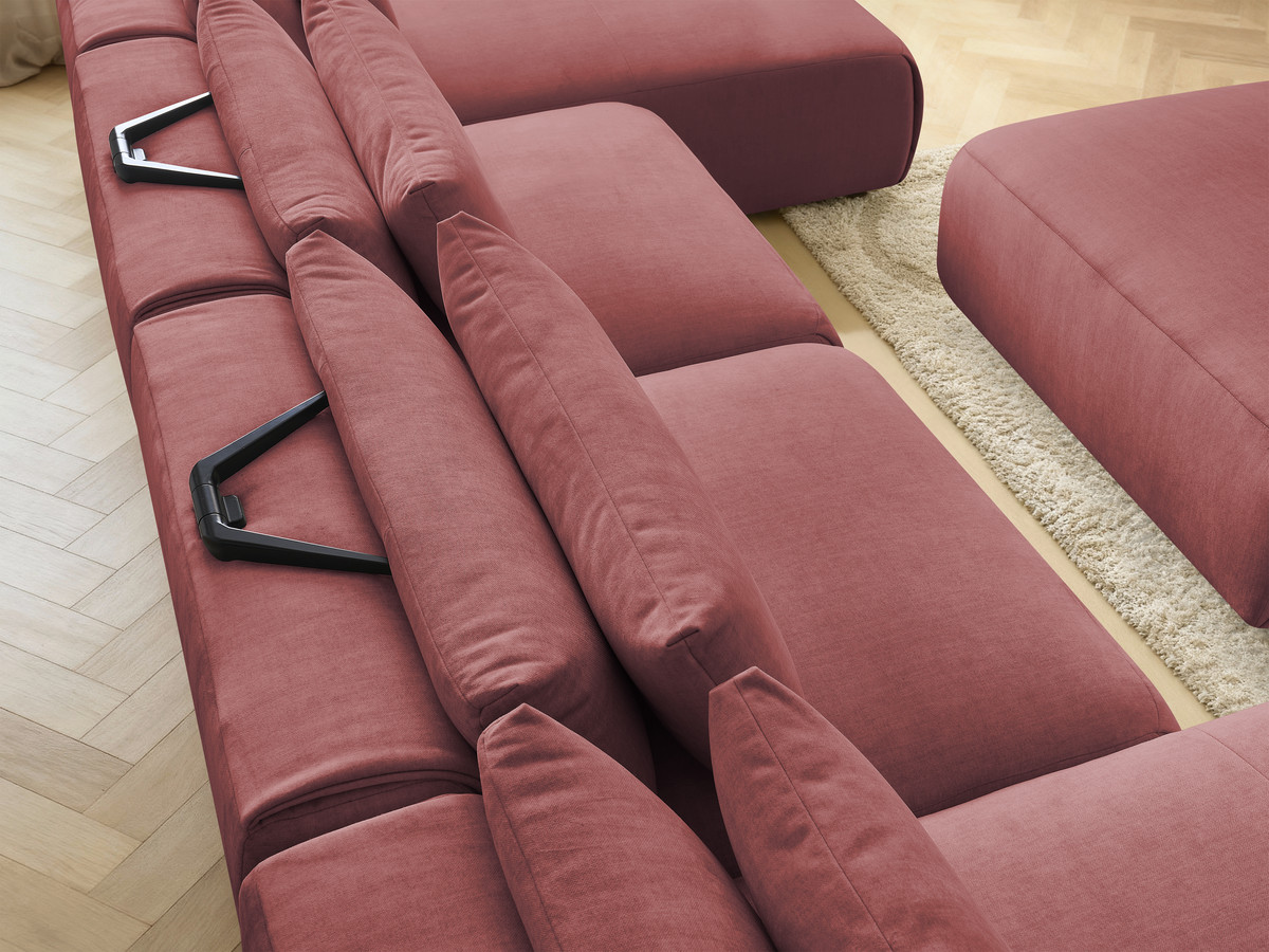 Modulaire vaste panoramabank met hoofdsteunen in JANA fluwelen stof met 2 chaise longues, 2 fauteuils en 1 grote poef