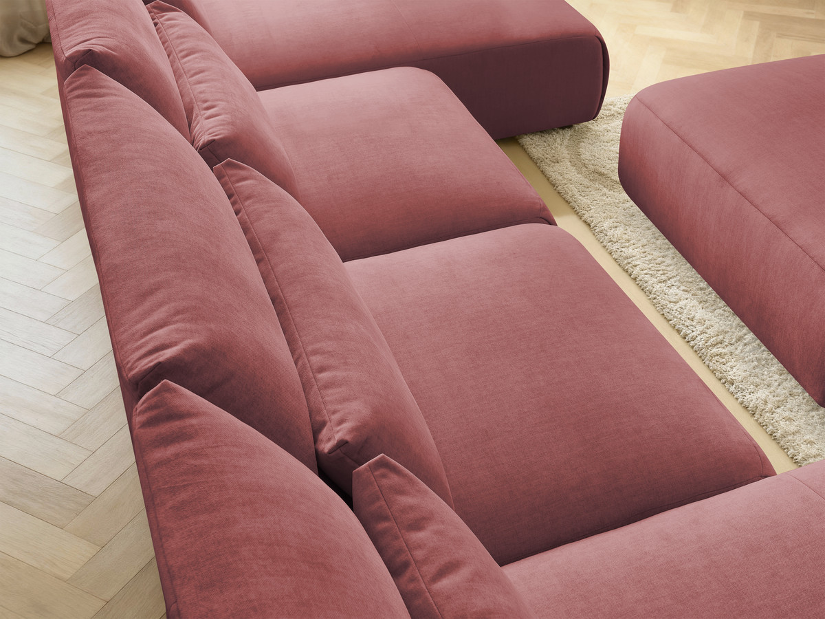 Modulaire vaste panoramabank met hoofdsteunen in JANA fluwelen stof met 2 chaise longues, 2 fauteuils en 1 grote poef