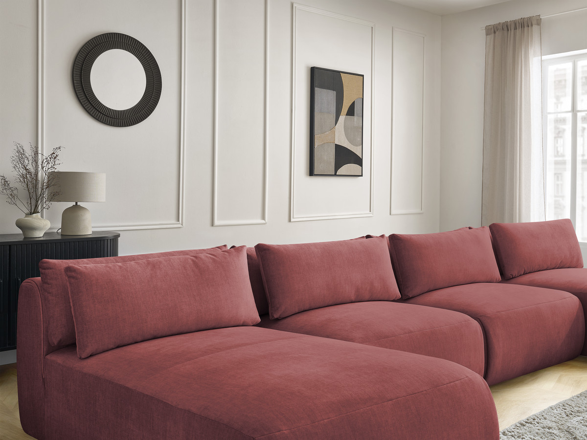 Modulaire vaste panoramabank met hoofdsteunen in JANA fluwelen stof met 2 chaise longues, 2 fauteuils en 1 grote poef