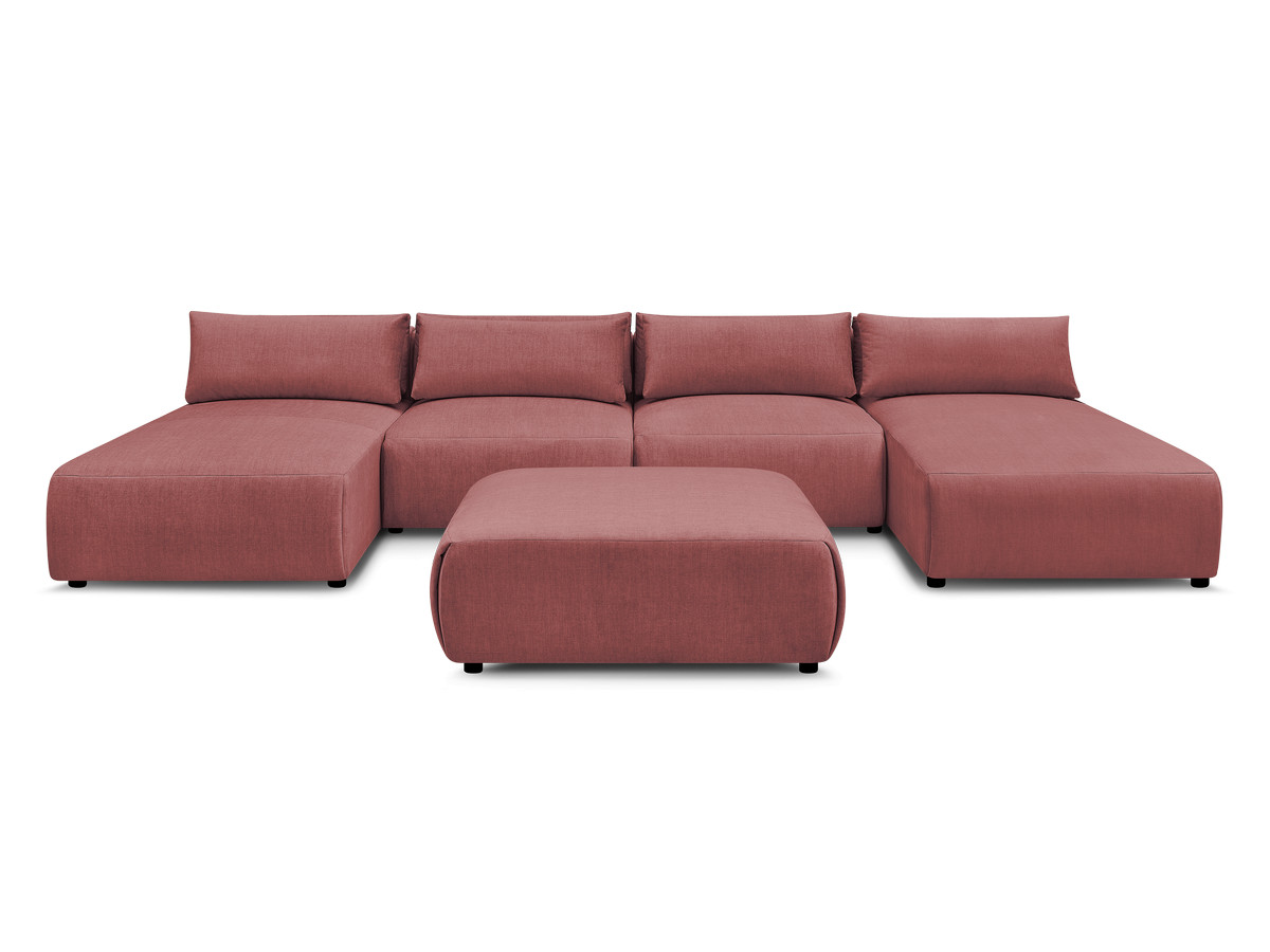 Modulaire vaste panoramabank met hoofdsteunen in JANA fluwelen stof met 2 chaise longues, 2 fauteuils en 1 grote poef