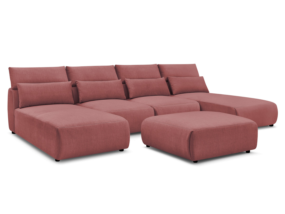 Modulaire vaste panoramabank met hoofdsteunen in JANA fluwelen stof met 2 chaise longues, 2 fauteuils en 1 grote poef