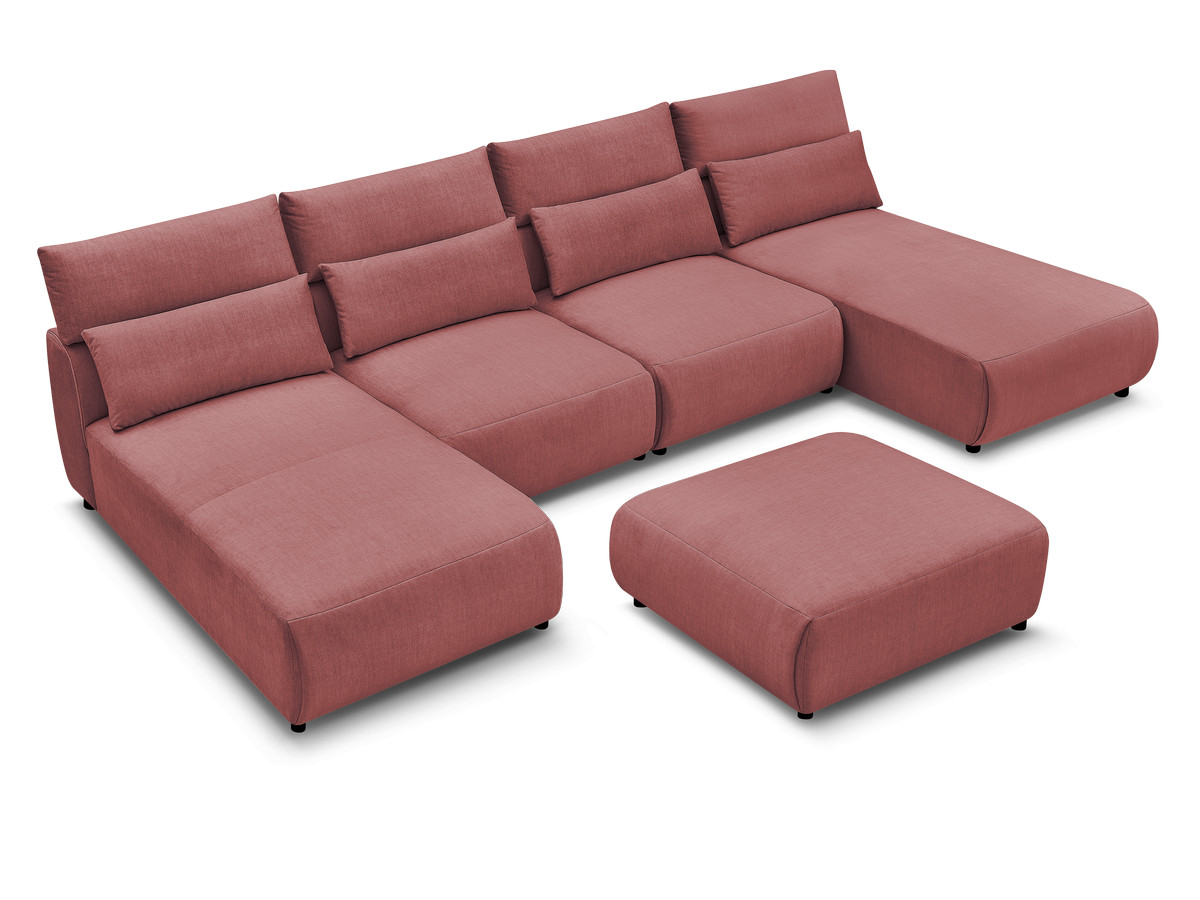 Modulaire vaste panoramabank met hoofdsteunen in JANA fluwelen stof met 2 chaise longues, 2 fauteuils en 1 grote poef