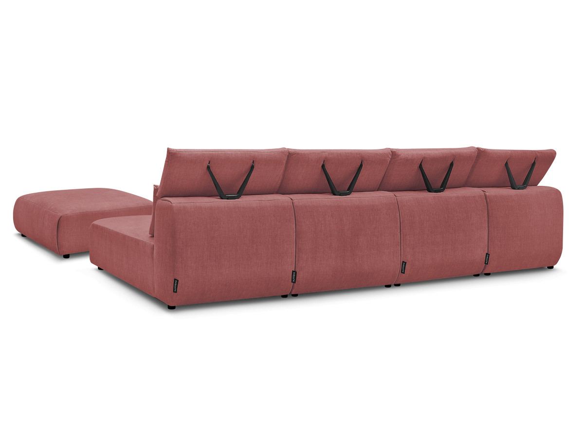 Modulaire vaste panoramabank met hoofdsteunen in JANA fluwelen stof met 2 chaise longues, 2 fauteuils en 1 grote poef