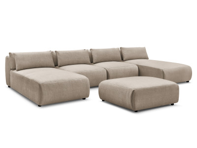 Canapé panoramique fixe modulable avec têtières JANA tissu velours avec 2 méridiennes, 2 chauffeuses et 1 grand pouf