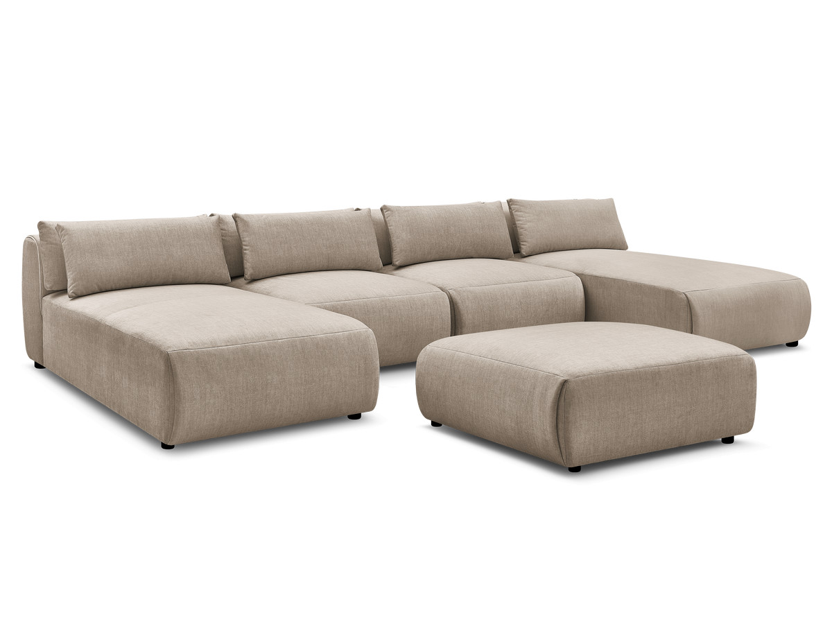 Modulaire vaste panoramabank met hoofdsteunen in JANA fluwelen stof met 2 chaise longues, 2 fauteuils en 1 grote poef