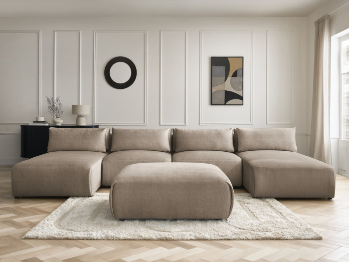 Canapé panoramique fixe modulable avec têtières JANA tissu velours avec 2 méridiennes, 2 chauffeuses et 1 grand pouf