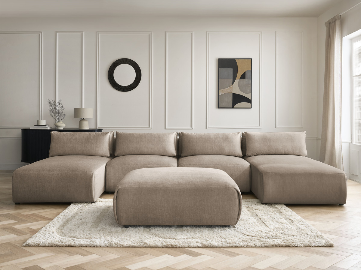 Modulaire vaste panoramabank met hoofdsteunen in JANA fluwelen stof met 2 chaise longues, 2 fauteuils en 1 grote poef