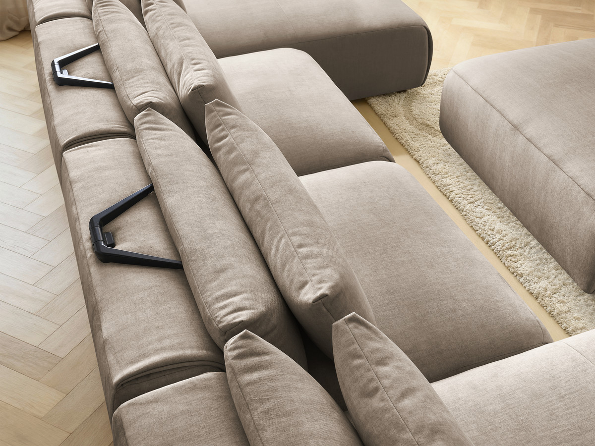 Modulaire vaste panoramabank met hoofdsteunen in JANA fluwelen stof met 2 chaise longues, 2 fauteuils en 1 grote poef