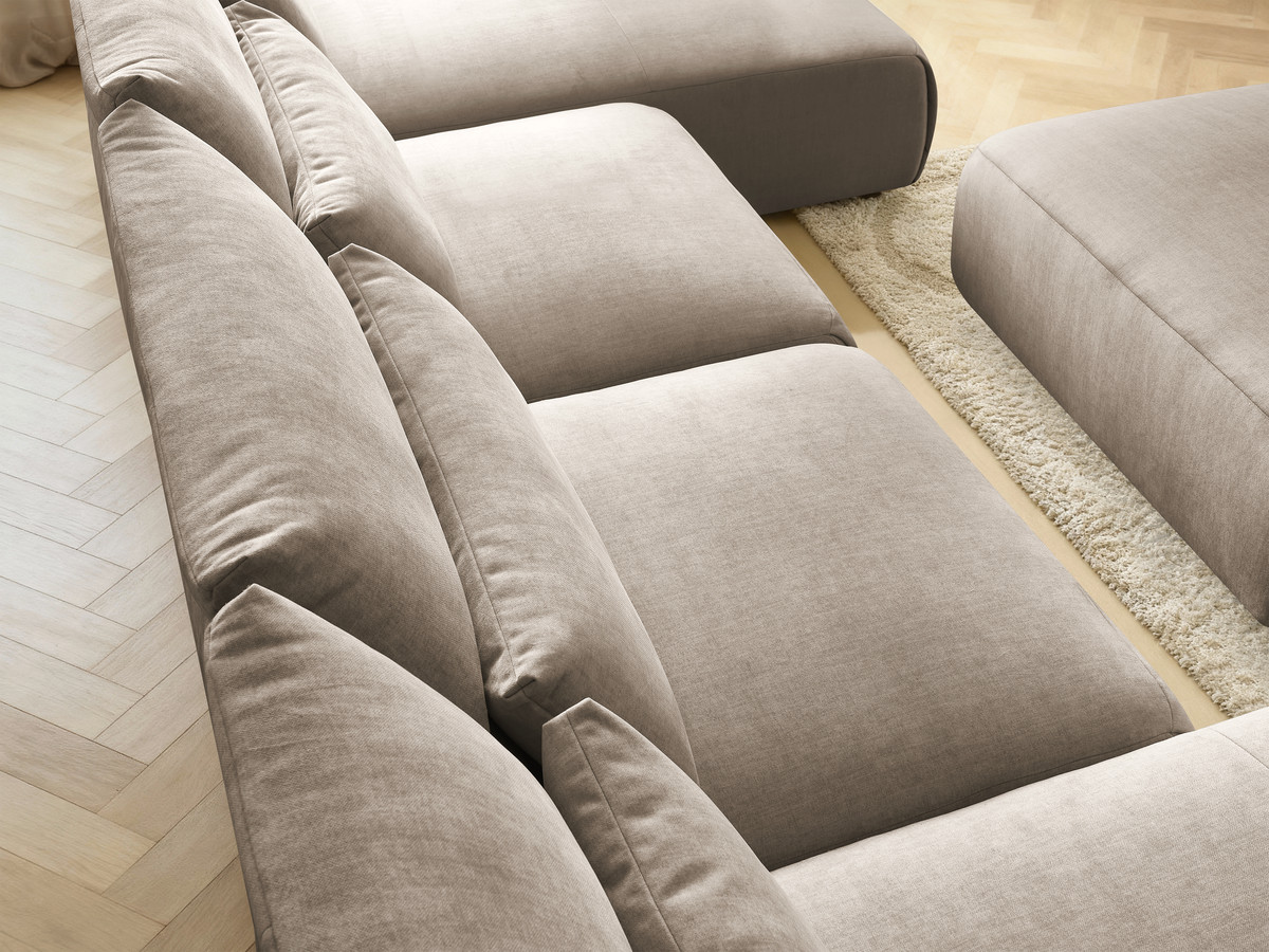 Modulaire vaste panoramabank met hoofdsteunen in JANA fluwelen stof met 2 chaise longues, 2 fauteuils en 1 grote poef