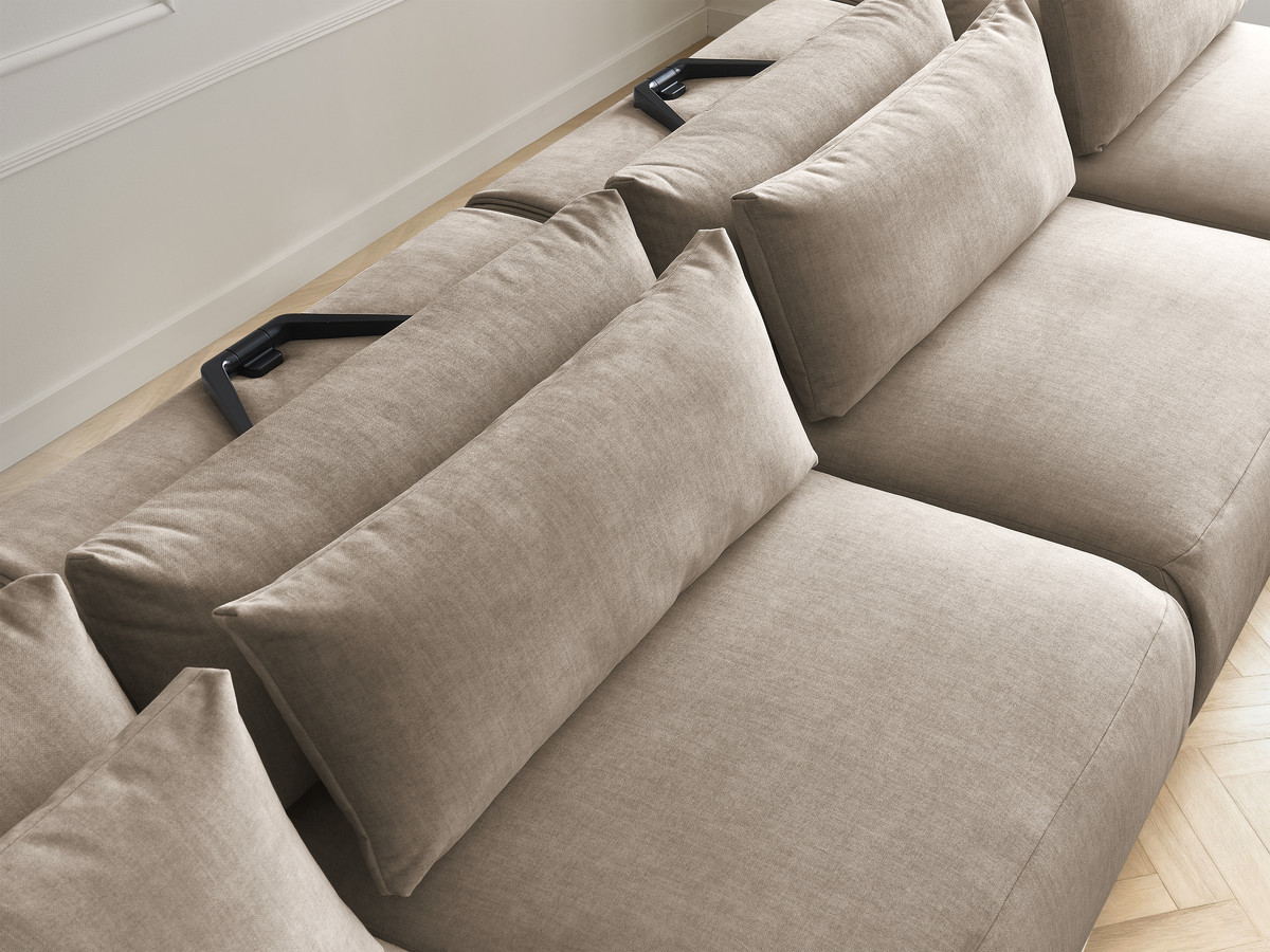 Modulaire vaste panoramabank met hoofdsteunen in JANA fluwelen stof met 2 chaise longues, 2 fauteuils en 1 grote poef