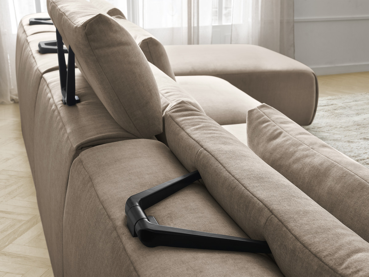 Modulaire vaste panoramabank met hoofdsteunen in JANA fluwelen stof met 2 chaise longues, 2 fauteuils en 1 grote poef