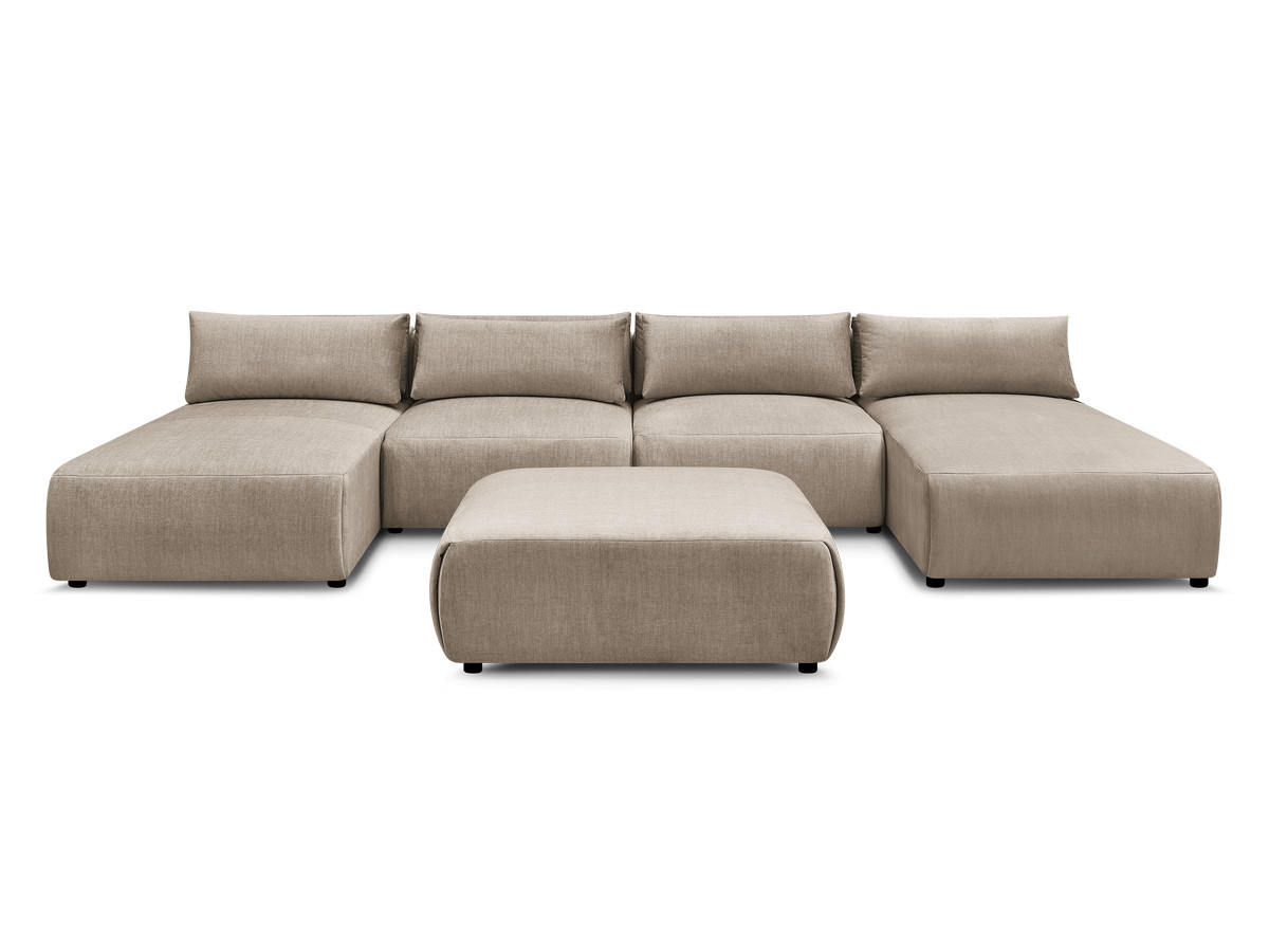 Modulaire vaste panoramabank met hoofdsteunen in JANA fluwelen stof met 2 chaise longues, 2 fauteuils en 1 grote poef