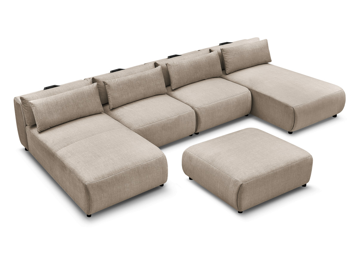 Modulaire vaste panoramabank met hoofdsteunen in JANA fluwelen stof met 2 chaise longues, 2 fauteuils en 1 grote poef