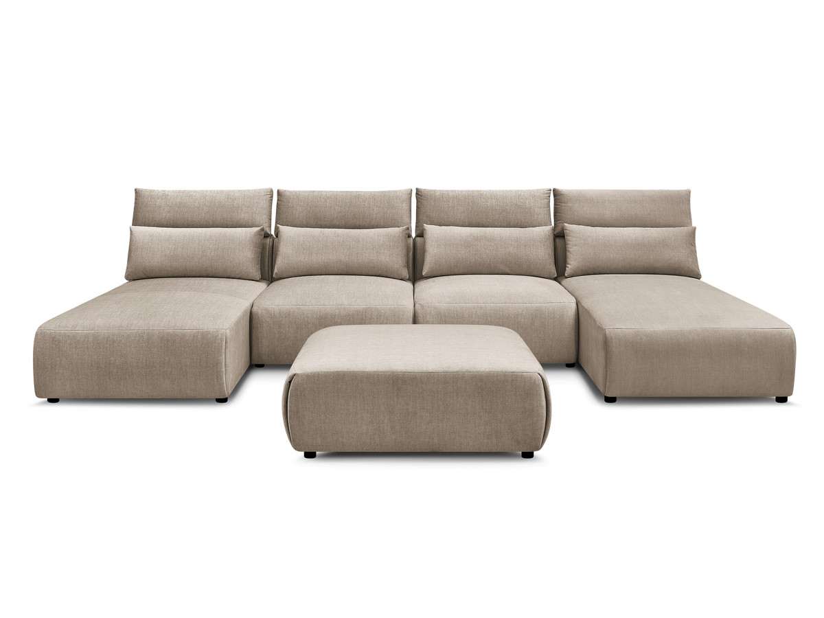 Modulaire vaste panoramabank met hoofdsteunen in JANA fluwelen stof met 2 chaise longues, 2 fauteuils en 1 grote poef