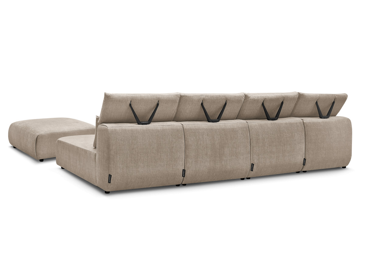 Modulaire vaste panoramabank met hoofdsteunen in JANA fluwelen stof met 2 chaise longues, 2 fauteuils en 1 grote poef