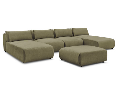 Canapé panoramique fixe modulable avec têtières JANA tissu velours avec 2 méridiennes, 2 chauffeuses et 1 grand pouf